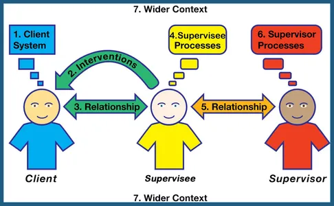 1. Client system;
2. Interventions;
3. Relationship;
4. Supervisee processes;
5. Relationship;
6. Supervisor processes;
7. Wider context